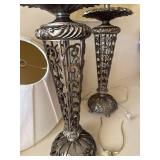 Pair Decorative Metal Scroll Table Lamps w Ivory Shades 23in Tall