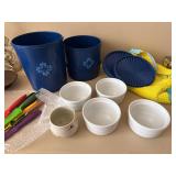 Mixed Kitchen Housewares Lot Canisters Ramekins Knives Vintage Blue