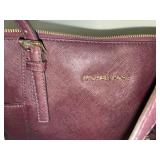 Michael Kors Saffiano Leather Tote Bag Burgundy Zip Top MK Charm