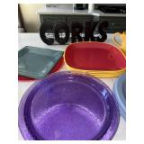 Assorted Colorful Ceramic Dinnerware Lot Plates Bowls Mugs Baskets