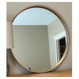 Large Round Wall Mirror Light Wood Frame Approx 35in Good Condition