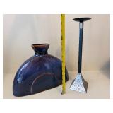 Modern Art Pottery Vase & Metal Candleholder Decor Set See Photos