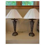 Pair Decorative Metal Scroll Table Lamps w Ivory Shades 23in Tall