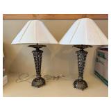 Pair Decorative Metal Scroll Table Lamps w Ivory Shades 23in Tall
