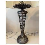 Pair Decorative Metal Scroll Table Lamps w Ivory Shades 23in Tall