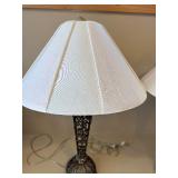 Pair Decorative Metal Scroll Table Lamps w Ivory Shades 23in Tall