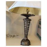 Pair Decorative Metal Scroll Table Lamps w Ivory Shades 23in Tall