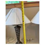 Pair Decorative Metal Scroll Table Lamps w Ivory Shades 23in Tall