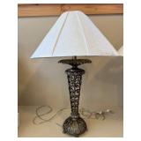 Pair Decorative Metal Scroll Table Lamps w Ivory Shades 23in Tall