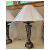 Pair Decorative Metal Scroll Table Lamps w Ivory Shades 23in Tall