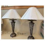 Pair Decorative Metal Scroll Table Lamps w Ivory Shades 23in Tall
