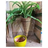 4-Piece Planter Decor Set Metal Stand Faux Fern Ceramic Clay Pots