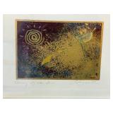 Pair Signed Framed Abstract Art Prints Symbols of Music & Coming Sun