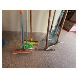 Assorted Lawn Garden Tool Lot Rake Shovel Fork Broom Squeegee