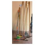 Assorted Lawn Garden Tool Lot Rake Shovel Fork Broom Squeegee