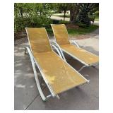 Pair Outdoor Patio Chaise Lounge Chairs White Frame Tan Sling Mesh