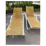 Pair Outdoor Patio Chaise Lounge Chairs White Frame Tan Sling Mesh