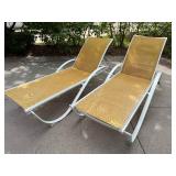 Pair Outdoor Patio Chaise Lounge Chairs White Frame Tan Sling Mesh