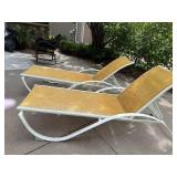 Pair Outdoor Patio Chaise Lounge Chairs White Frame Tan Sling Mesh