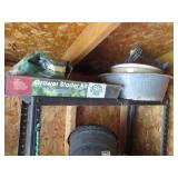 Narrow metal garden shelf plus cont...