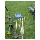 Green garden pot cart, hoe, shovel,...