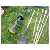 Green garden pot cart, hoe, shovel,...