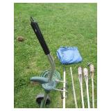 Green garden pot cart, hoe, shovel,...