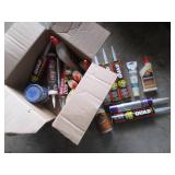 Box of various wood glues, filler, ...