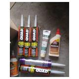 Box of various wood glues, filler, ...