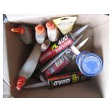 Box of various wood glues, filler, ...