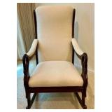 Vintage high back Cherry Wood swan-neck rocking chair, cream colored upholstered