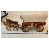 Vintage wooden covered wagon with canvas top, harness and 2 horses toy