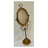 Vintage Brass tabletop mirror, ornate scrollwork and decorative crystal dangles