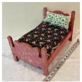 Wood doll bed with blanket and pillow