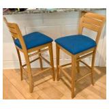 Pair of 2 wood bar stools blue padded