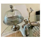 Group of cake stand and silver toned items