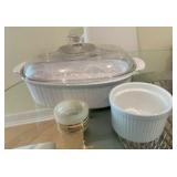 Group of corning ware, casserole 4L, misc