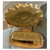 Group of gold toned, butter dishes, platter/plate