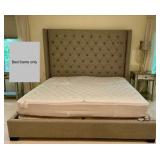 King sized light grey, button tufted wingback bed, upholstered headboard, low profile frame