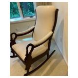 Vintage high back Cherry Wood swan-neck rocking chair, cream colored upholstered