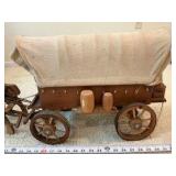 Vintage wooden covered wagon with canvas top, harness and 2 horses toy