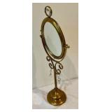 Vintage Brass tabletop mirror, ornate scrollwork and decorative crystal dangles