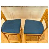 Pair of 2 wood bar stools blue padded