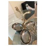 Group of cake stand and silver toned items