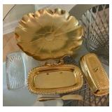 Group of gold toned, butter dishes, platter/plate