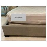 King sized light grey, button tufted wingback bed, upholstered headboard, low profile frame