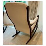 Vintage high back Cherry Wood swan-neck rocking chair, cream colored upholstered
