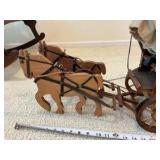 Vintage wooden covered wagon with canvas top, harness and 2 horses toy
