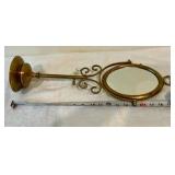 Vintage Brass tabletop mirror, ornate scrollwork and decorative crystal dangles