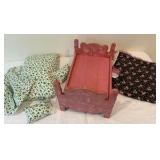 Wood doll bed with blanket and pillow